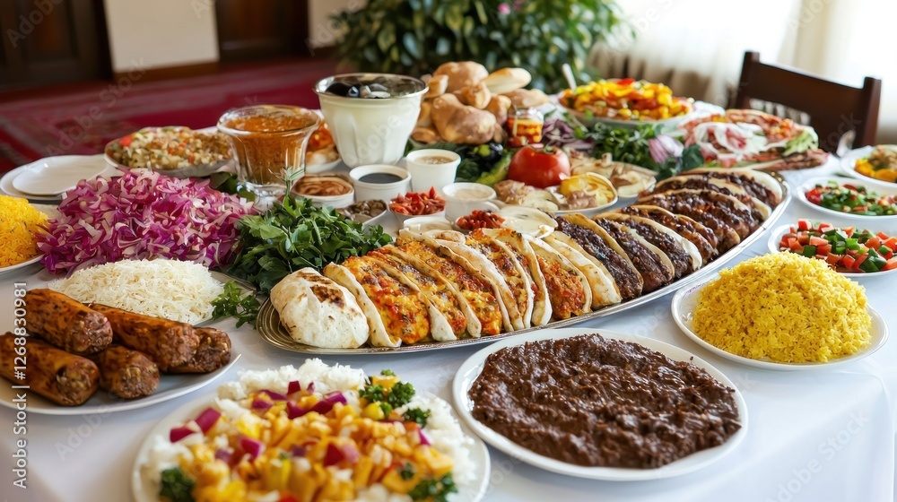 Huge Middle Eastern feast spread on table, with various dishes, colorful food, and diverse cuisine Huge Middle Eastern feast spread on table, with various dishes, colorful food, and diverse cuisine