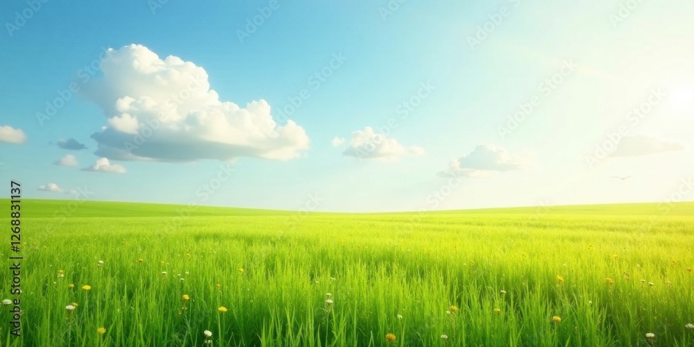 Obraz premium Serene Meadow Landscape Expansive Green Field Under a Bright Blue Sky with Fluffy White Clouds and Scattered Wildflowers