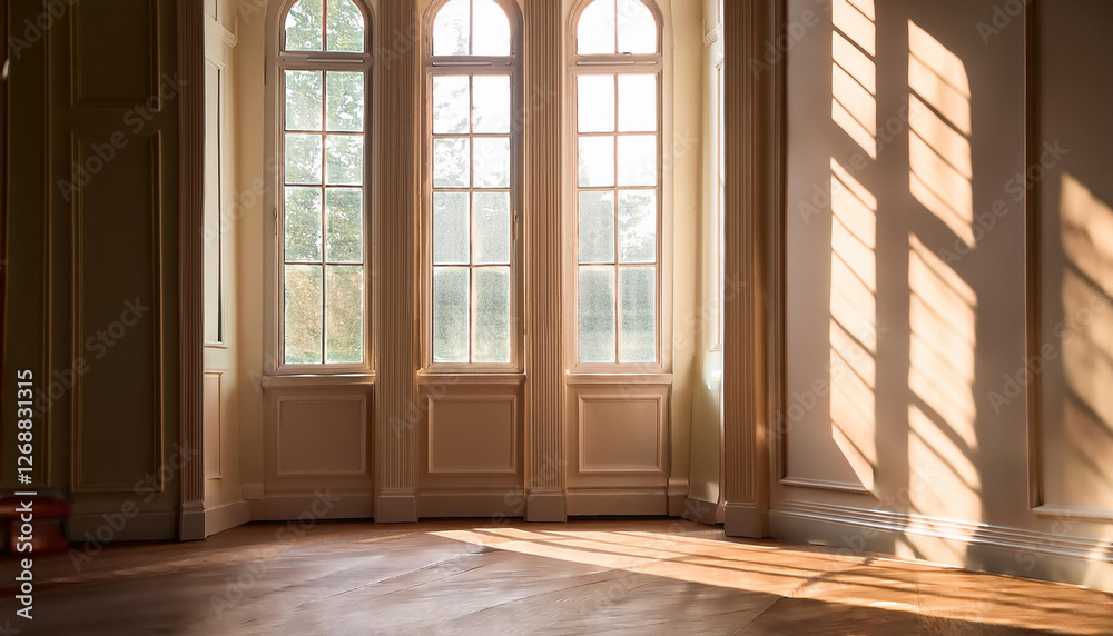 Abstract window shadows falling on an empty minimalist interior wall  
