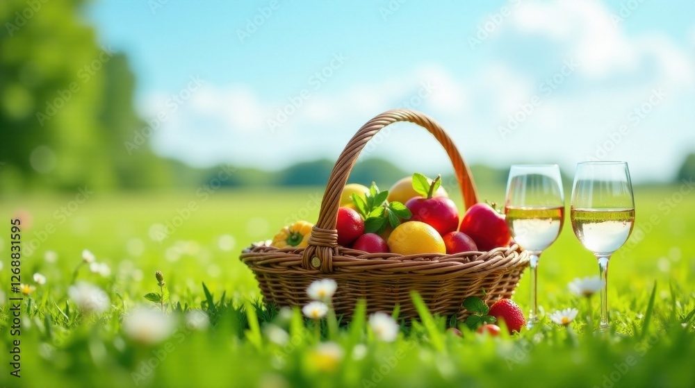 A wicker picnic basket filled with ripe, colorful fruits and vegetables rests on a vibrant green lawn, accompanied by two glasses of refreshing ros? wine, under a sunny sky. A wicker picnic basket filled with ripe, colorful fruits and vegetables rests on a vibrant green lawn, accompanied by two glasses of refreshing ros? wine, under a sunny sky.