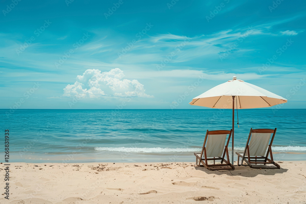 Two sun loungers under an umbrella on the beach. Generative AI Two sun loungers under an umbrella on the beach. Generative AI