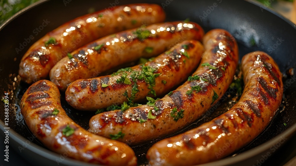 A close-up of grilled sausages garnished with herbs in a frying pan. A close-up of grilled sausages garnished with herbs in a frying pan.