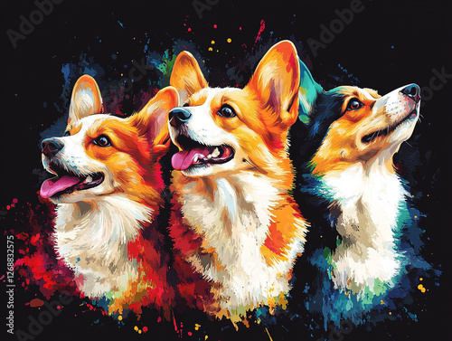 Three colorful corgis posing side by side