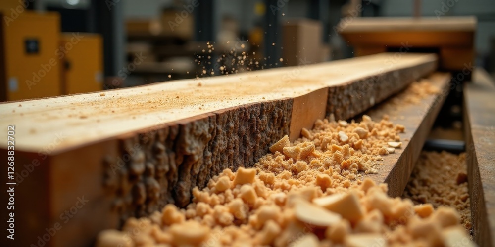 Precise Lumber Milling Raw Wood Transforms into Smooth Planks, Generating Fine Wood Shavings on an Industrial Sawmill Precise Lumber Milling Raw Wood Transforms into Smooth Planks, Generating Fine Wood Shavings on an Industrial Sawmill