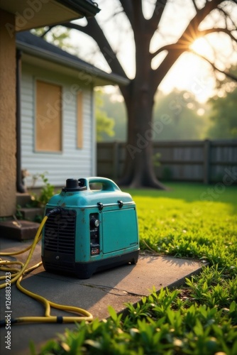 A teal portable power generator sits on a patio, bathed in the warm glow of the setting sun, near a house with a boarded-up window.  The scene evokes a feeling of quiet resilience and preparedness.