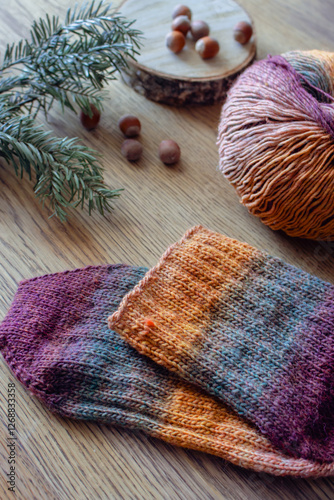 Obraz na płótnie Gradient coloured knitting yarn with knitting needles and knitted sock. Knitting still life. Coniferous branch, hazelnuts and handmade sock with ball of yarn and knitting needles. Winter warm clothes. w salonie
