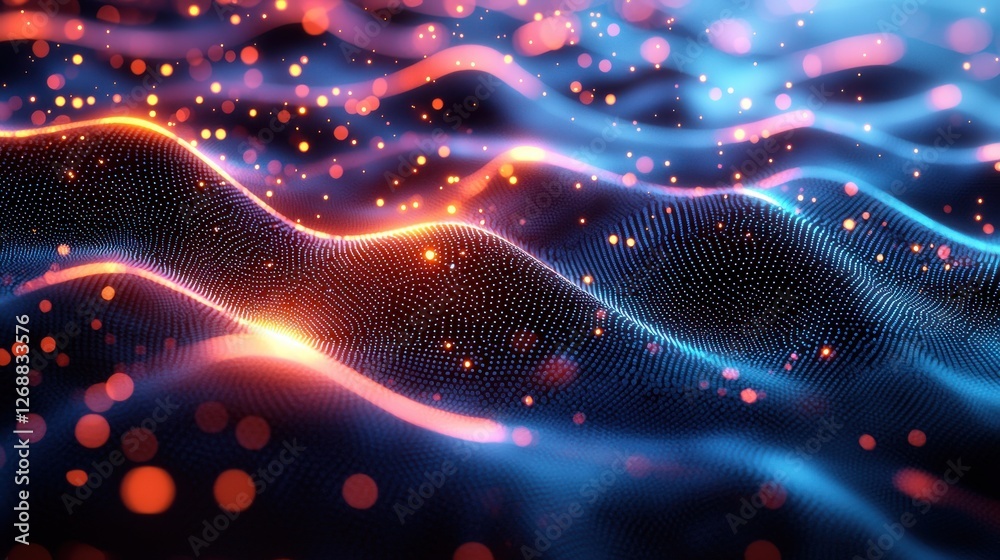 Fototapeta premium Abstract Waves of Luminous Light with Glowing Particles Creating a Digital Ocean Atmosphere