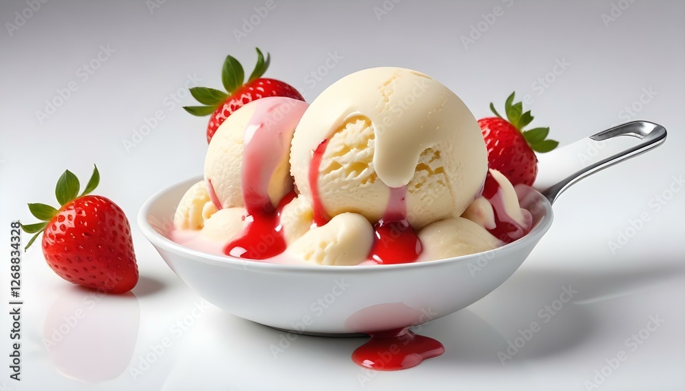 Vanilla ice cream scoop with strawberry sauce isolated on white background Vanilla ice cream scoop with strawberry sauce isolated on white background