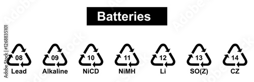 Battery recycling code icon set. Lithium ion, lithium polymer, lead, zinc battery recycling codes 08-14. battery recycling symbols.
