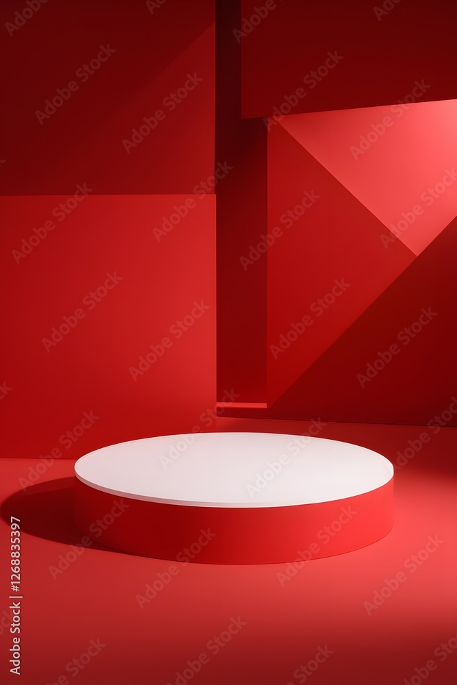 A bold red geometric background featuring a minimalist podium, creating a modern and striking product display platform, ideal for luxury branding, marketing visuals, and promotional presentations. A bold red geometric background featuring a minimalist podium, creating a modern and striking product display platform, ideal for luxury branding, marketing visuals, and promotional presentations.