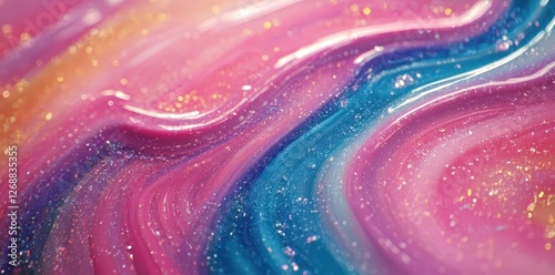 Swirling mixture of glossy colorful paints with sparkling glitter