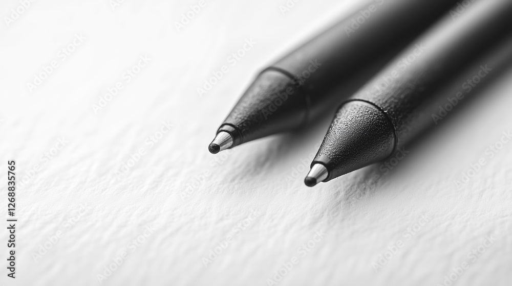 Two black pens placed side by side on textured white paper, capturing their sleek design and fine tip at a close distance for a sharp focus. Generative AI Two black pens placed side by side on textured white paper, capturing their sleek design and fine tip at a close distance for a sharp focus. Generative AI