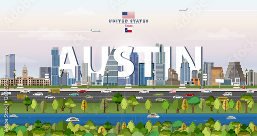 Austin city skyline colorful vector illustration. Travel poster