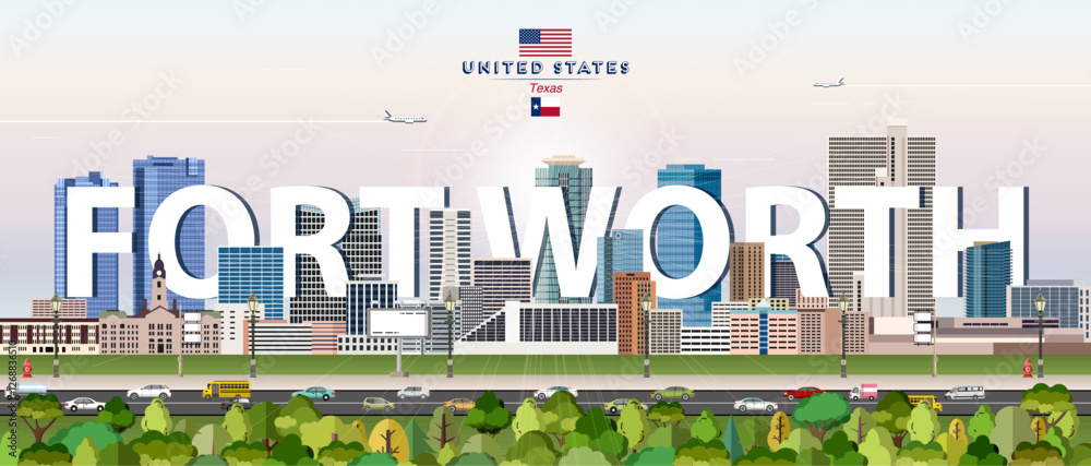Fort Worth city skyline colorful vector illustration. Travel poster