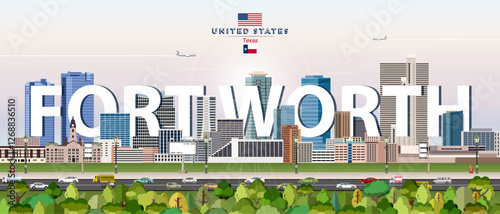 Obraz na płótnie Fort Worth city skyline colorful vector illustration. Travel poster w salonie