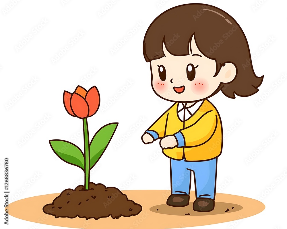 Child Watering a Flower Plant in a Garden Setting with Joyful Expression Child Watering a Flower Plant in a Garden Setting with Joyful Expression