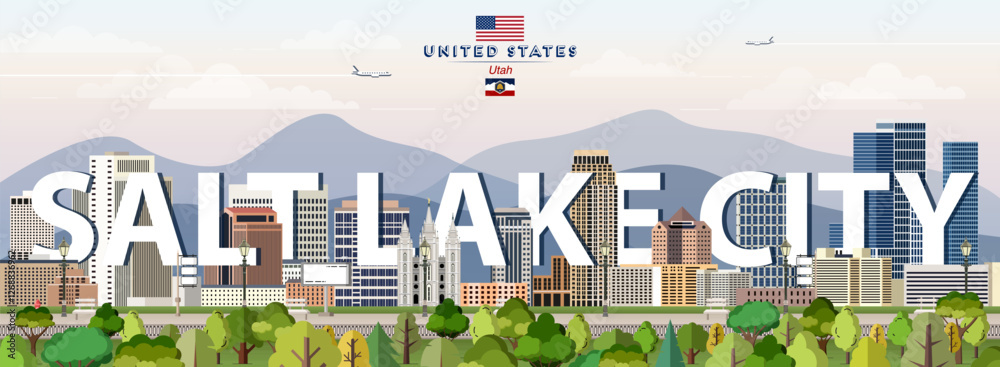 Salt Lake City city skyline colorful vector illustration. Travel poster