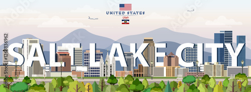 Salt Lake City city skyline colorful vector illustration. Travel poster