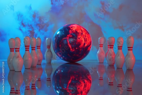 Bowling ball hitting pins on minimalistic background for sports enthusiasts and event organizers