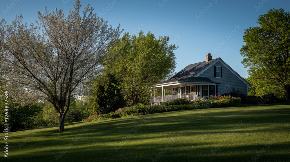 Springtime home surrounded by lush greenery and blooming trees, embodying serene natural beauty. Springtime home surrounded by lush greenery and blooming trees, embodying serene natural beauty.