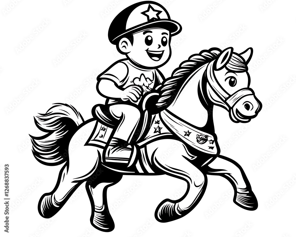Happy Child Riding a Cartoon Pony with a Cheerful Expression Happy Child Riding a Cartoon Pony with a Cheerful Expression