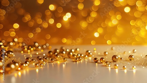 Golden bokeh background with scattered spheres
