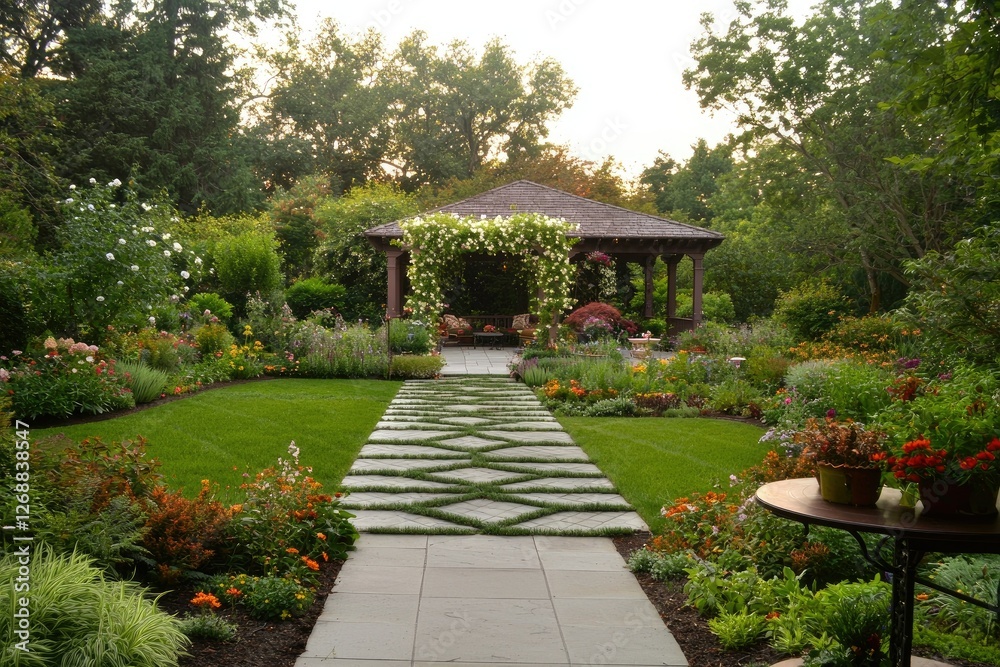 Fototapeta premium Serene Garden Path Leading to Elegant Gazebo