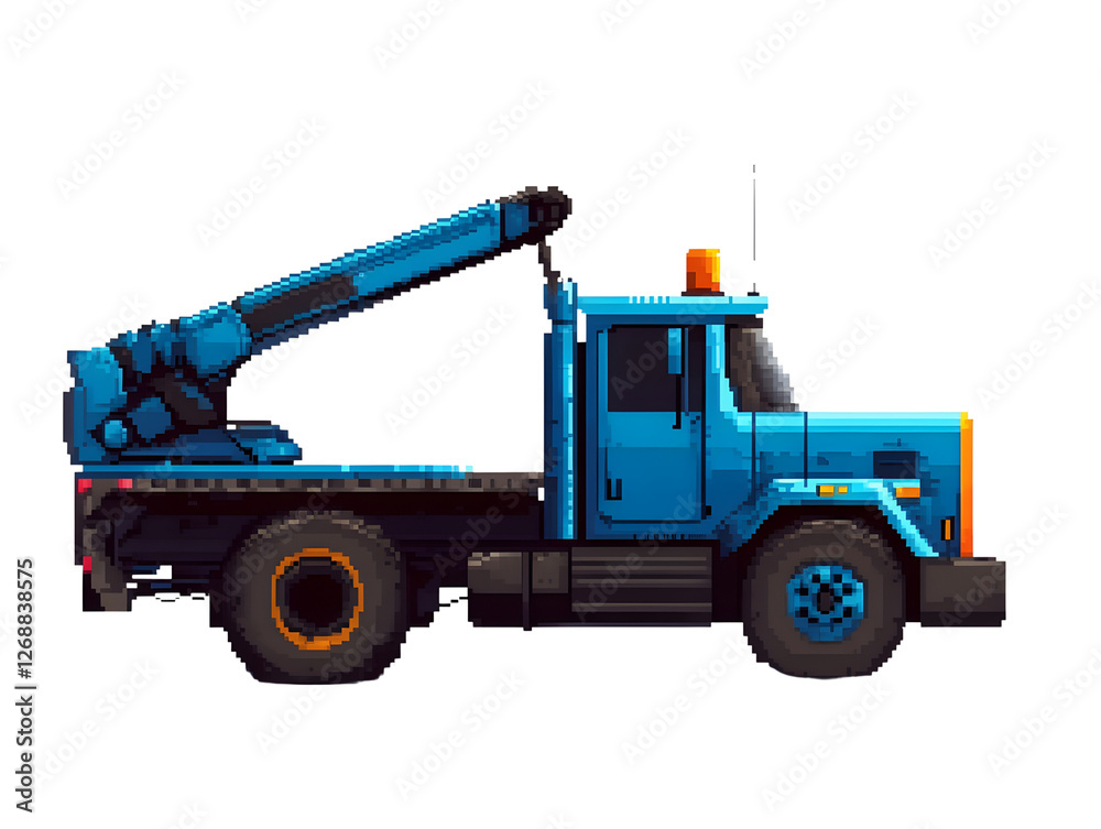 Pixel Art Blue Crane Truck with Orange Accents and Side View