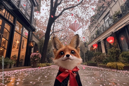 Adorable Fox in a Red Bow Tie Amidst Cherry Blossoms in a Charming City Street photo