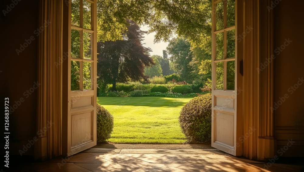 Obraz premium Open French doors reveal sunlit garden