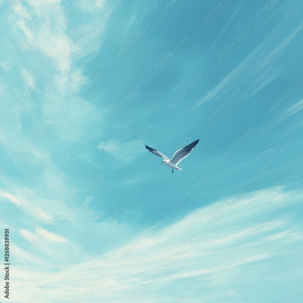 Obraz premium A lone seagull soars across a painted azure sky