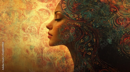 Surreal representation of a glowing woman surrounded by intricate designs and warm colors