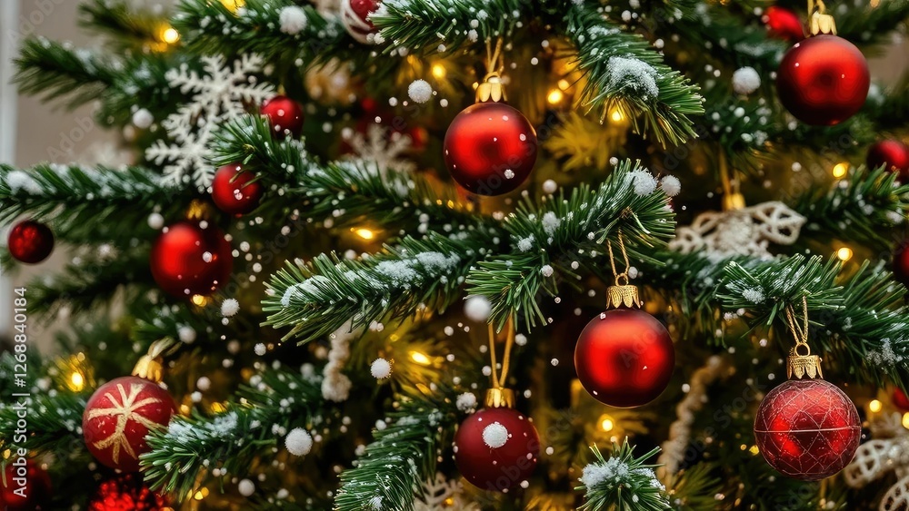 Snowflakes gently fall on a festive Christmas tree, decoration, ornaments, winter Snowflakes gently fall on a festive Christmas tree, decoration, ornaments, winter