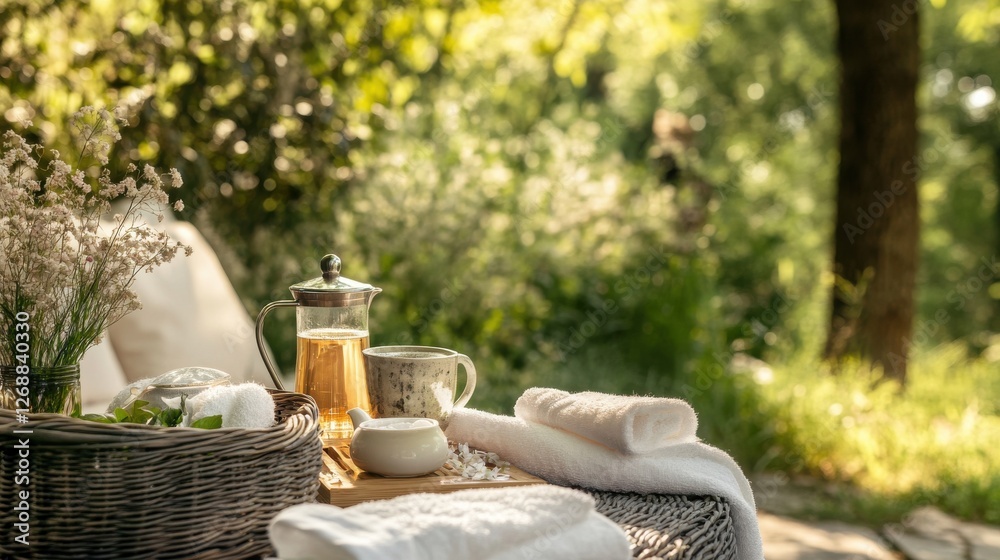 Fototapeta premium Spring-inspired relaxation setup featuring herbal tea and spa essentials in a serene outdoor environment