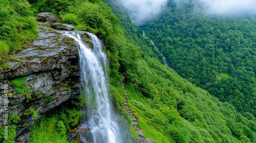 Hiking trail leading to a waterfall in a lush green forest surrounded by tropical vegetation and natural beauty