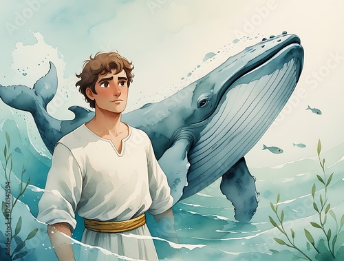 Watercolor illustration of Bliblical Scene Jonah and Massive Whale