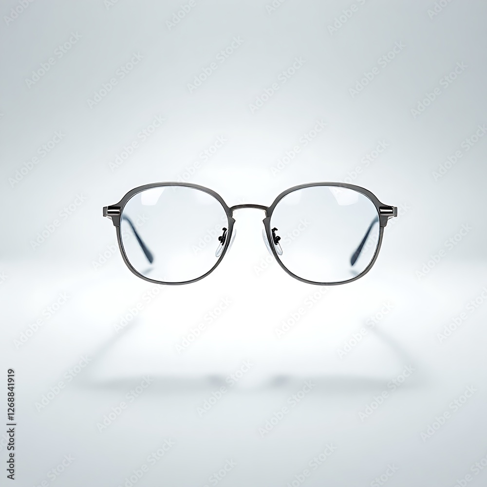 Eyeglasses with titanium frame with shadow floating against light grey background, eyewear Eyeglasses with titanium frame with shadow floating against light grey background, eyewear