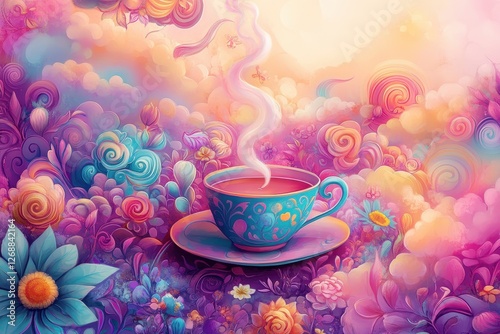 Steaming teacup sits within a vibrant floral and cloudscape