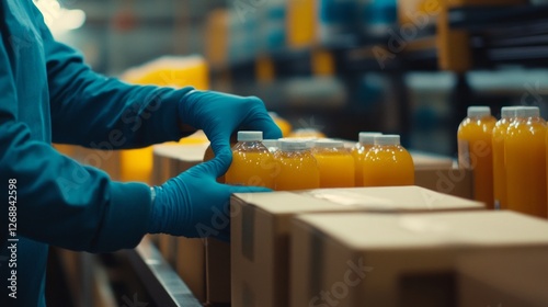 In a bustling production facility, a dedicated worker carefully organizes bottles of juice on a conveyor belt