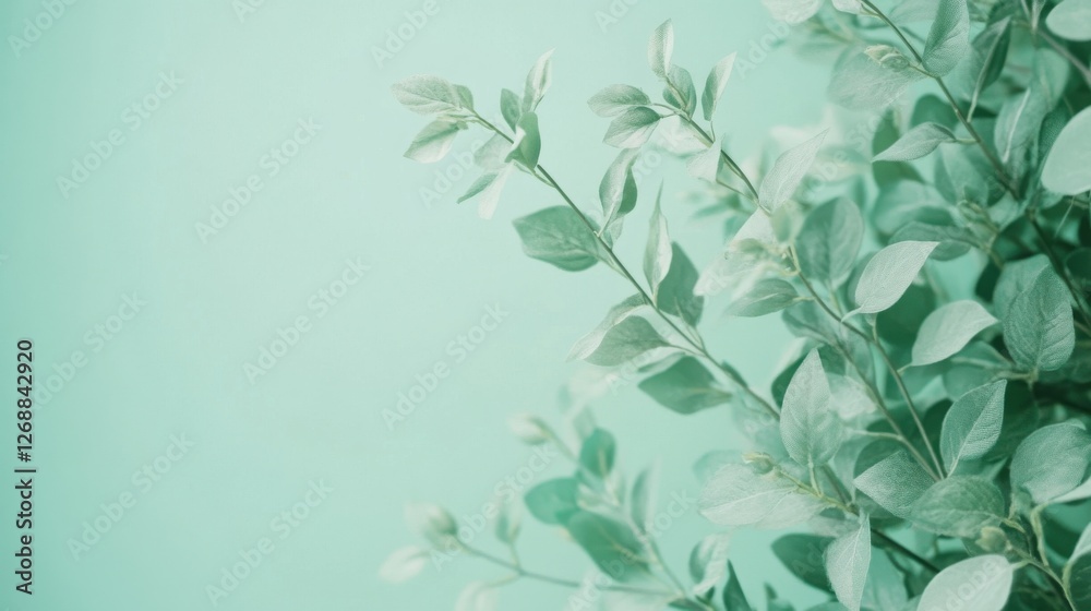 Soft mint green background with delicate leafy branches creating a calm and serene atmosphere for design projects