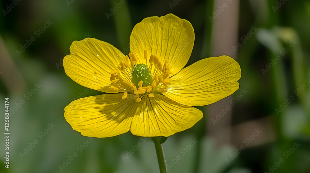 Yellow buttercup flower closeup, green background Yellow buttercup flower closeup, green background
