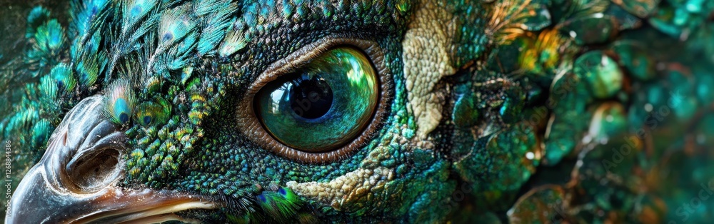 Obraz premium Detail of a peacock's face showcasing vibrant colors and intricate patterns in natural light
