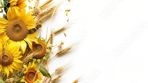 A rustic border composed of sunflowers and wheat stalks arranged along the left side, bringing a touch of countryside charm to the white canvas.