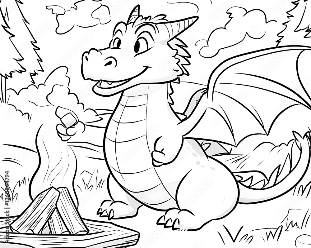 Obraz premium Happy Cartoon Dragon Holding Marshmallow by Campfire in Forest Scene