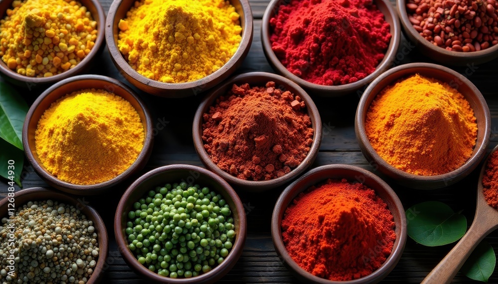 Wooden tabletop displays an array of colorful spices in bowls , cooking, herbs Wooden tabletop displays an array of colorful spices in bowls , cooking, herbs