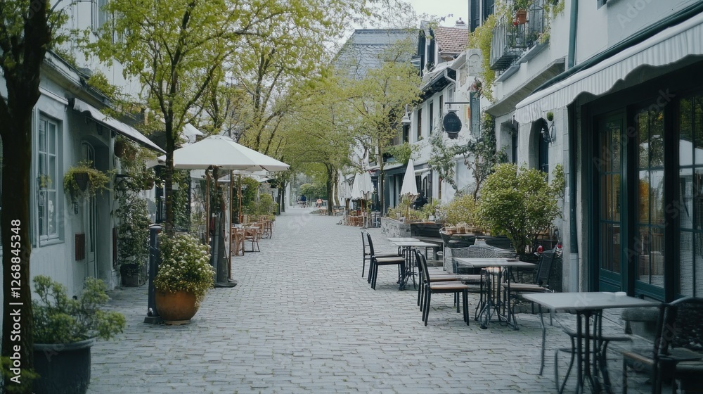 Fototapeta premium A serene outdoor dining area lined with trees and tables in a quaint setting.
