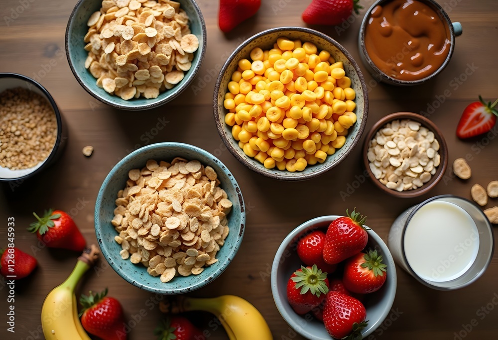 Selection of various corn flakes for breakfast. Top view
Selection of various corn flakes for breakfast. Top view