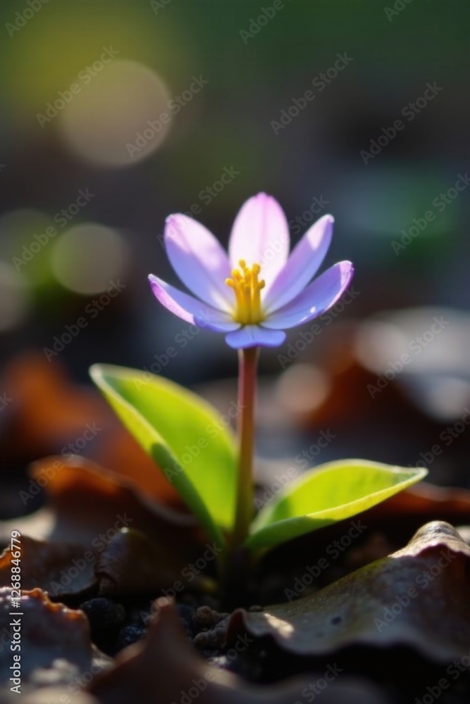 Fototapeta premium A Delicate Spring Blossom Emerging from the Earth, Basking in the Golden Hour Light