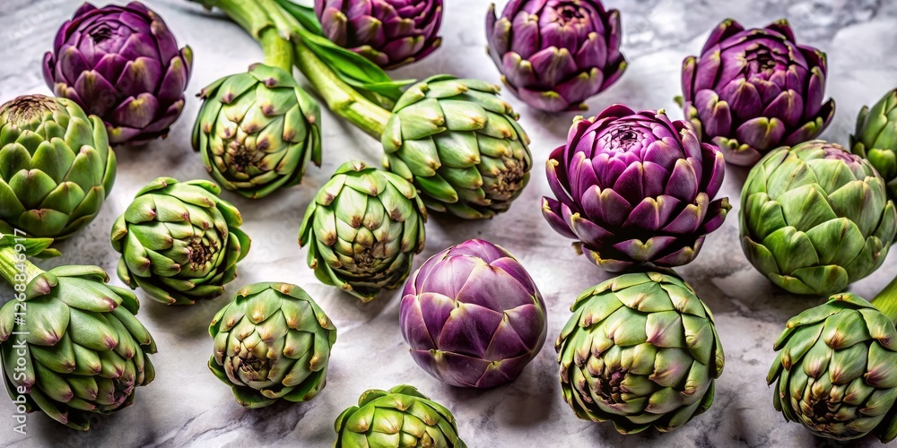 Fototapeta premium Fresh Artichokes and Green Vegetables on Marble Background