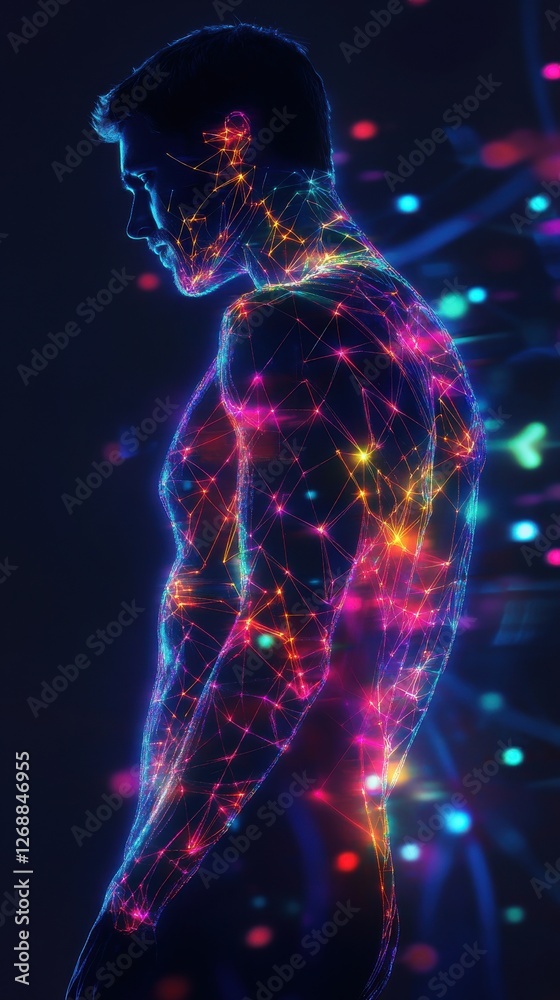 Conceptual representation of a man illuminated with vibrant glowing patterns in a dark space Conceptual representation of a man illuminated with vibrant glowing patterns in a dark space